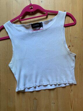 Minkpink White Ribbed Crop Tank Top Size L Lettuce Hem Sleeveless Y2K Casual